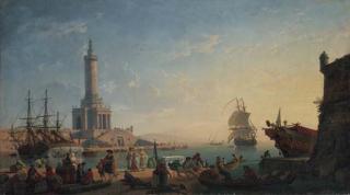 Claude-Joseph Vernet - A Mediterranean harbour at sunset with fisherfolk and merchants on a quay, a lighthouse beyond