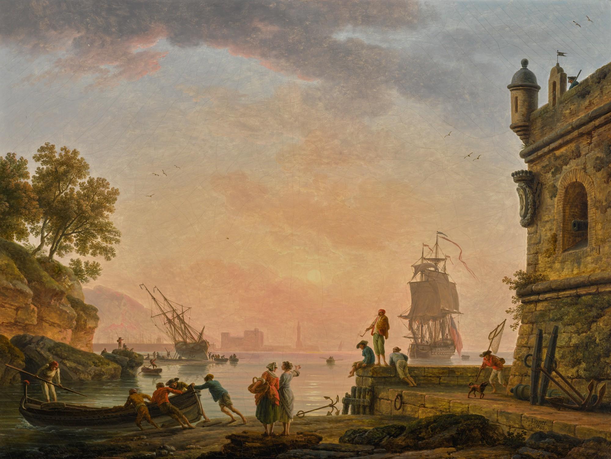 Claude-Joseph Vernet - A Mediterranean Harbour Scene At Sunset, With Fish