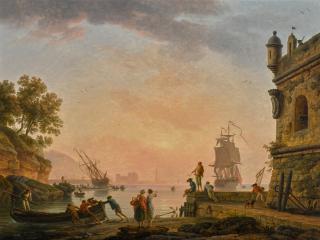 Claude-Joseph Vernet - A Mediterranean Harbour Scene At Sunset, With Fish