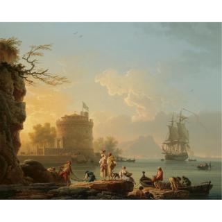 Claude-Joseph Vernet - A Mediterranean Harbour Scene At Sunset, With Fishermen Unloading Their Catch Before A Round Fortress, A Man-Of-War At Anchor Beyond