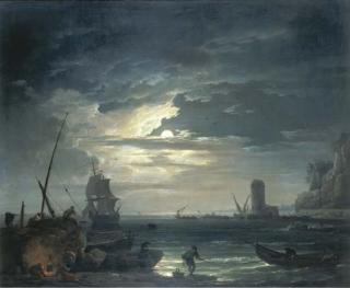 Claude-Joseph Vernet - A Mediterranean inlet by moonlight with fisherfolk cooking by a rock, a three-master about to drop anchor and a tower beyond