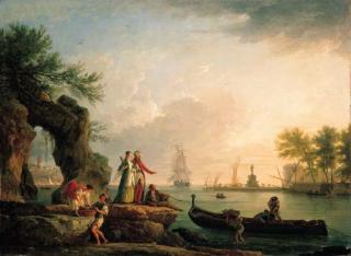 Claude-Joseph Vernet - A Mediterranean port at sunset with a Levantine couple on an outcrop and fishermen unloading their catch