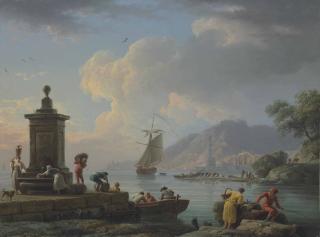 Claude Joseph Vernet - A Mediterranean Seaport With Figures Unloading Cargo, Two Women Fetching Water From A Fountain, A Lighthouse Beyond