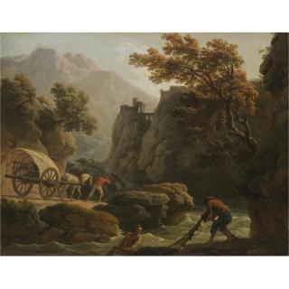 Claude-Joseph Vernet - A Mountainous River Landscape With Fishermen In The Foreground, And A Traveller Leading A Wagon With His Family Resting Inside