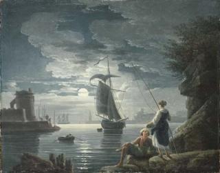 Claude-Joseph Vernet - A rocky harbour by moonlight with a peasant couple conversing in the foreground