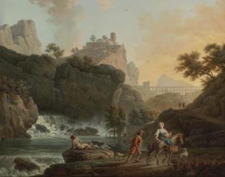 Claude-Joseph Vernet - A Rocky Landscape With A Fisherman And Travellers By A River With A Waterfall, An Aqueduct In The Distance