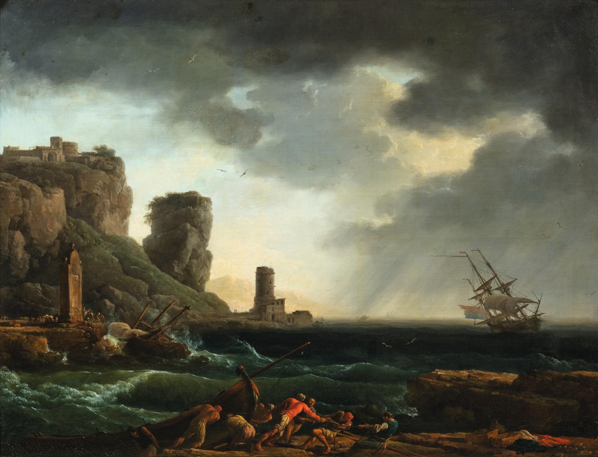 Claude-Joseph Vernet - A storm near a rocky coast, with a group of fishermen pulling a wrecked boat in the foreground