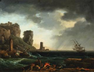 Claude-Joseph Vernet - A storm near a rocky coast, with a group of fishermen pulling a wrecked boat in the foreground