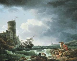 Claude-Joseph Vernet - A storm with a shipwreck by a fortress, a castaway in the foreground