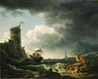 Claude-Joseph Vernet - A storm with a shipwreck by a fortress, a castaway in the foreground