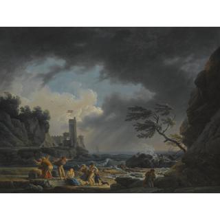 Claude-Joseph Vernet - A Stormy Coastal Scene With Figures On A Beach Having Escaped A Shipwreckengraved By Klauber.