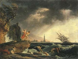 Claude-Joseph Vernet - A stormy coastal seascape with survivors from a shipwreck on a rocky outcrop