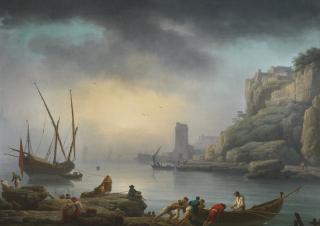 Claude-Joseph Vernet - An Italian Harbor Scene In The Morning Fog, With Fishermen Departing In The Foreground