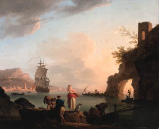 Claude-Joseph Vernet - La Pêche heureuse: A Mediterranean coast at sunset with fisherfolk unloading a catch near a natural arch, a frigate offshore, and a city beyond