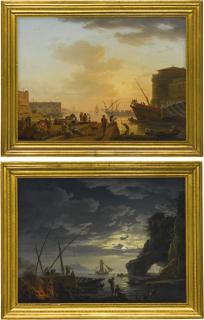 Claude-Joseph Vernet - Le Soir: A Mediterranean Harbour At Sunset With Fisherfolk And Merchants On A Quay Clair De Lune: A Mediterranean Harbour By Moonlight With Fisherfolk By A Fire On The Shore, A Natural Arch Beyond