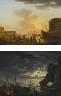 Claude-Joseph Vernet - Le Soir: A Mediterranean Harbour At Sunset With Fisherfolk And Merchants On A Quay Clair De Lune: A Mediterranean Harbour By Moonlight With Fisherfolk By A Fire On The Shore, A Natural Arch Beyond