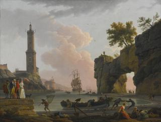 Claude-Joseph Vernet - Mediterranean Harbor At Sunset With The Artist, His Daughter Emilie Chalgrin, His Son Carle Vernet, His Daughter-In-Law, Fanny Moreau, And His Servant Saint-Jean, On A Pier, A Lighthouse And A Natural Arch Beyond