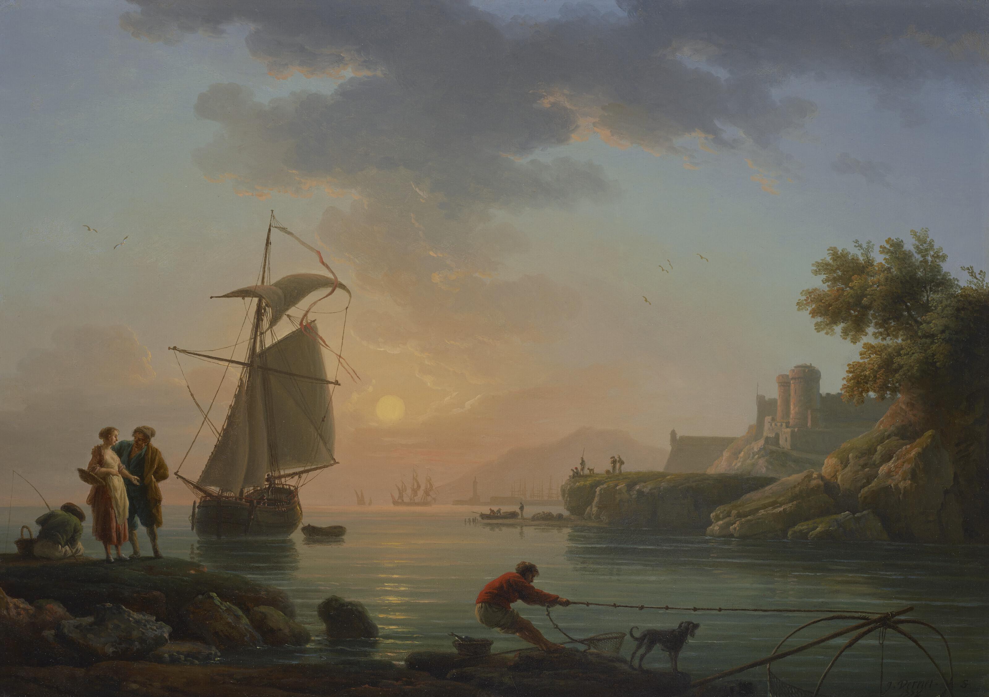 Claude-Joseph Vernet - Mediterranean port at sunset, with a fisherman in the foreground
