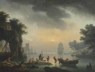 Claude Joseph Vernet - Mediterranean seaport with fishermen unloading cargo and figures resting on the shore by a rocky outcrop, a man-o\'-war in the distance