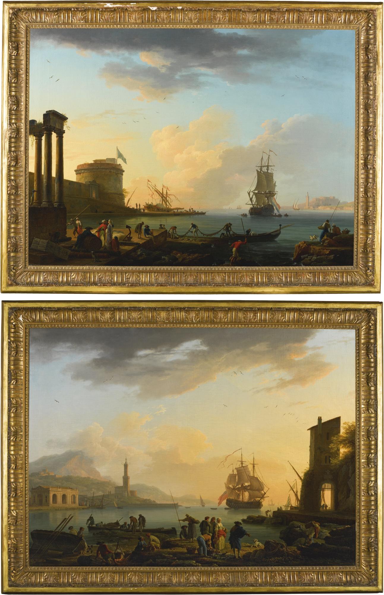 Claude-Joseph Vernet - Morning: A Mediterranean Harbour Scene With Fishermen Laying Out Their Nets; Evening: A Mediterranean Harbour Scene With Fishermen And Their Catch