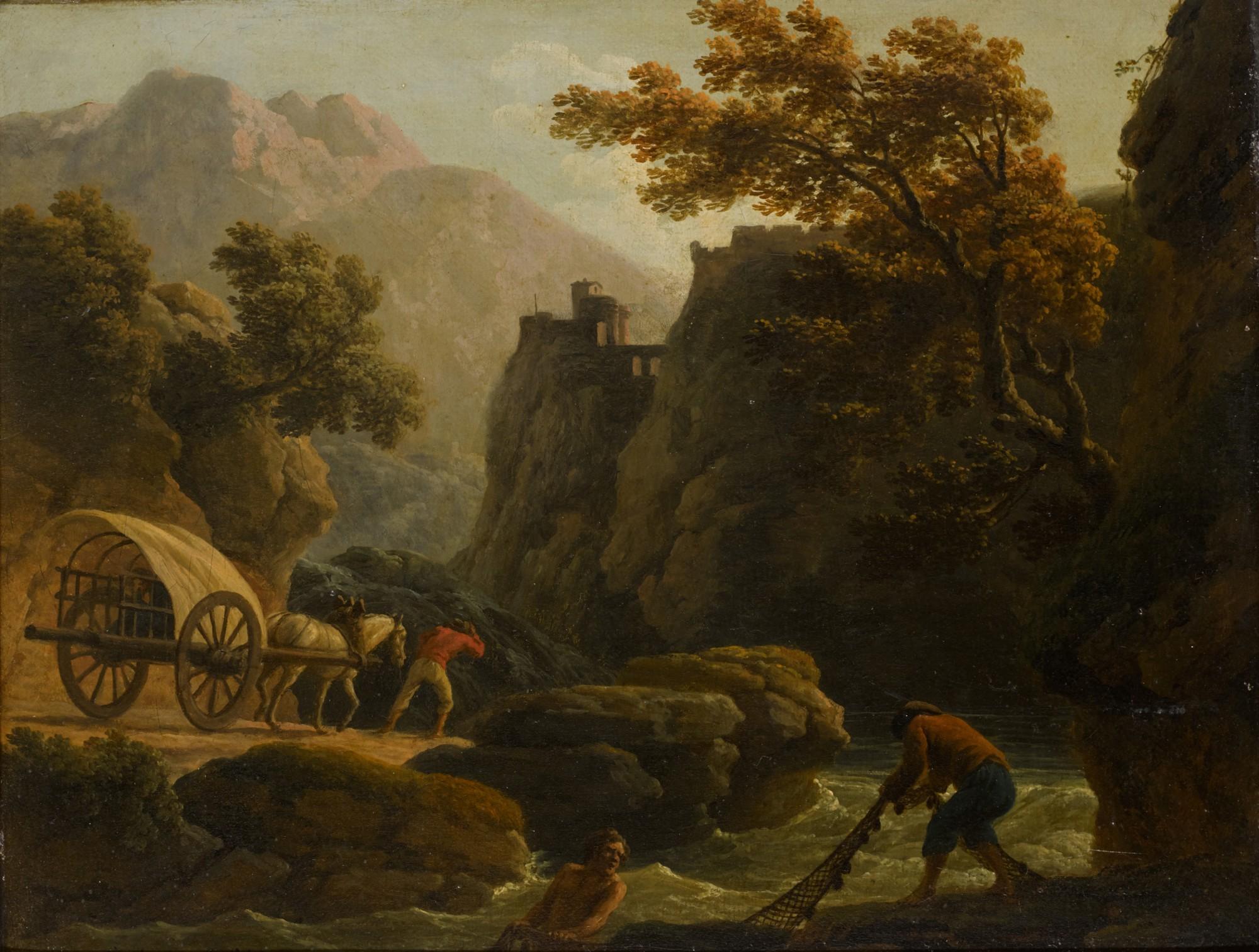 Claude-Joseph Vernet - Mountainous River Landscape With Two Fishermen Casting A Net, And A Man With His Horse-Drawn Cart Travelling Along A Sandy Path