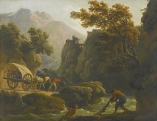 Claude-Joseph Vernet - Mountainous River Landscape With Two Fishermen Casting A Net And A Man With His Horse-Drawn Cart Travelling Along A Sandy Path