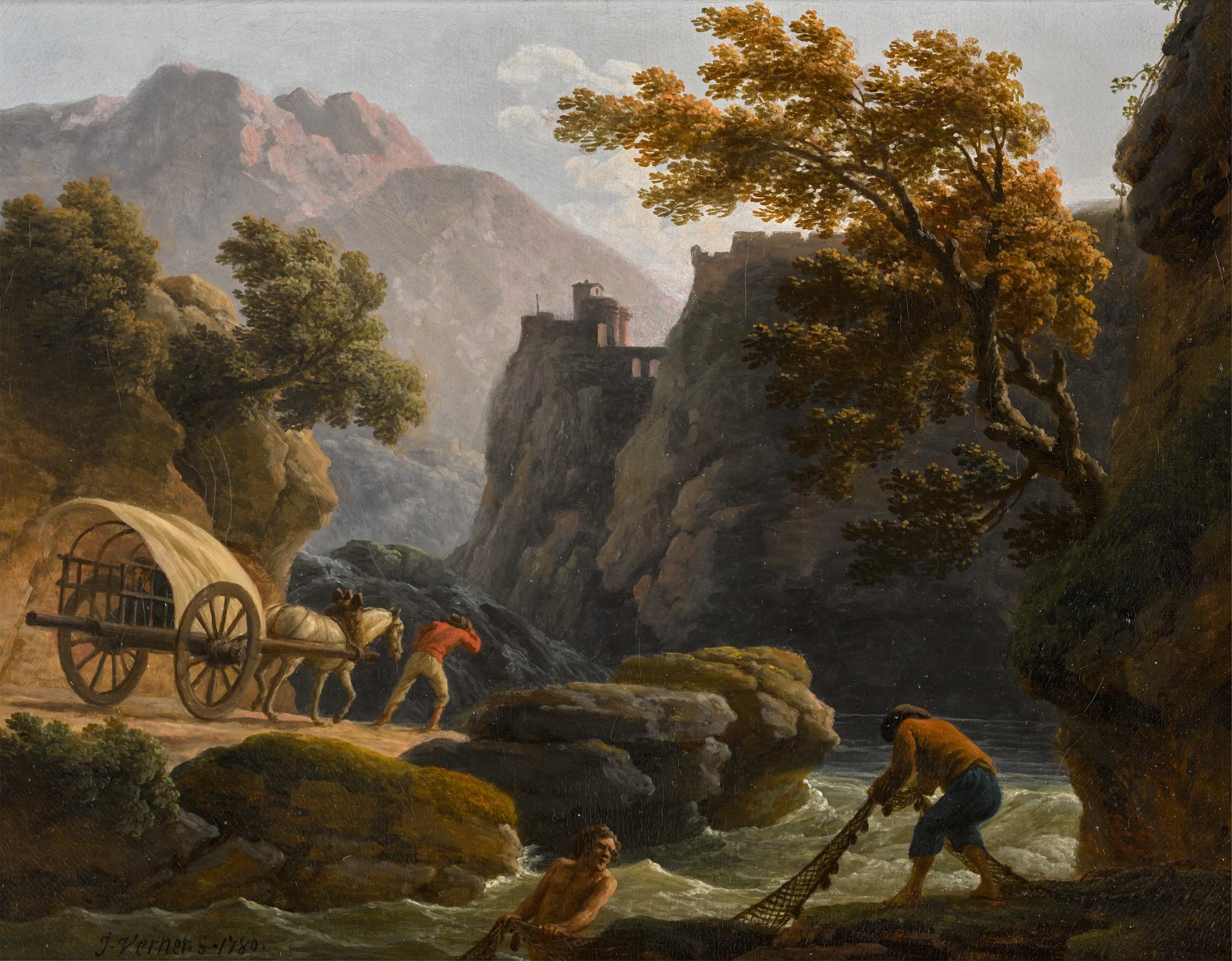 Claude-Joseph Vernet - Mountainous river landscape with two fishermen casting a net, and a man with his horse-drawn cart travelling along a sandy path