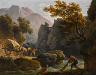 Claude-Joseph Vernet - Mountainous river landscape with two fishermen casting a net, and a man with his horse-drawn cart travelling along a sandy path