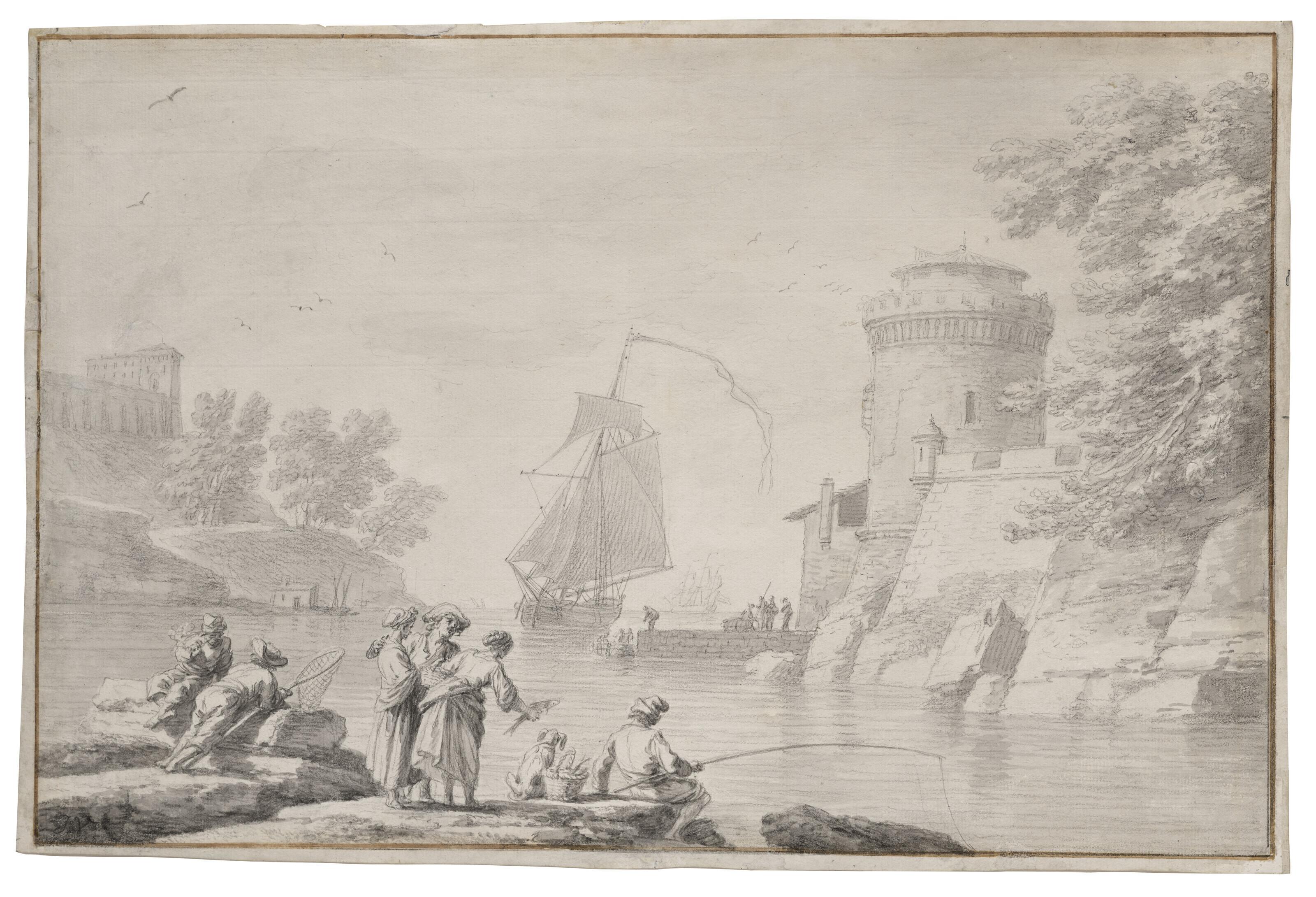 Claude-Joseph Vernet - Pêcheurs Le Long De La Côté, Un Voilier Et Une Tour Fortifiée À L\'Arrière-Plan; Et Pêcheurs Sur Le Rivage, Un Village Devant Un Promontoire Rocheux À L\'Arrière-Plan