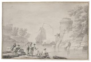 Claude-Joseph Vernet - Pêcheurs Le Long De La Côté, Un Voilier Et Une Tour Fortifiée À L\'Arrière-Plan; Et Pêcheurs Sur Le Rivage, Un Village Devant Un Promontoire Rocheux À L\'Arrière-Plan