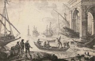 Claude Lorrain - Harbour scene with rising sun (illustrated); Harbour with a large tower; and Harbour scene with a lighthouse