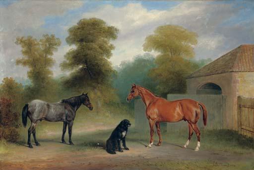 Claude Lorraine Ferneley - A chestnut hunter with a roan pony and dog before a stable