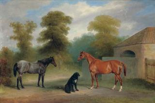 Claude Lorraine Ferneley - A chestnut hunter with a roan pony and dog before a stable