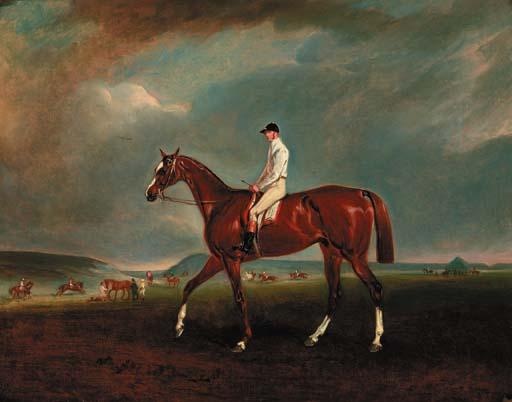 Claude Lorraine Ferneley - A chestnut racehorse with jockey up, with horses exercising beyond
