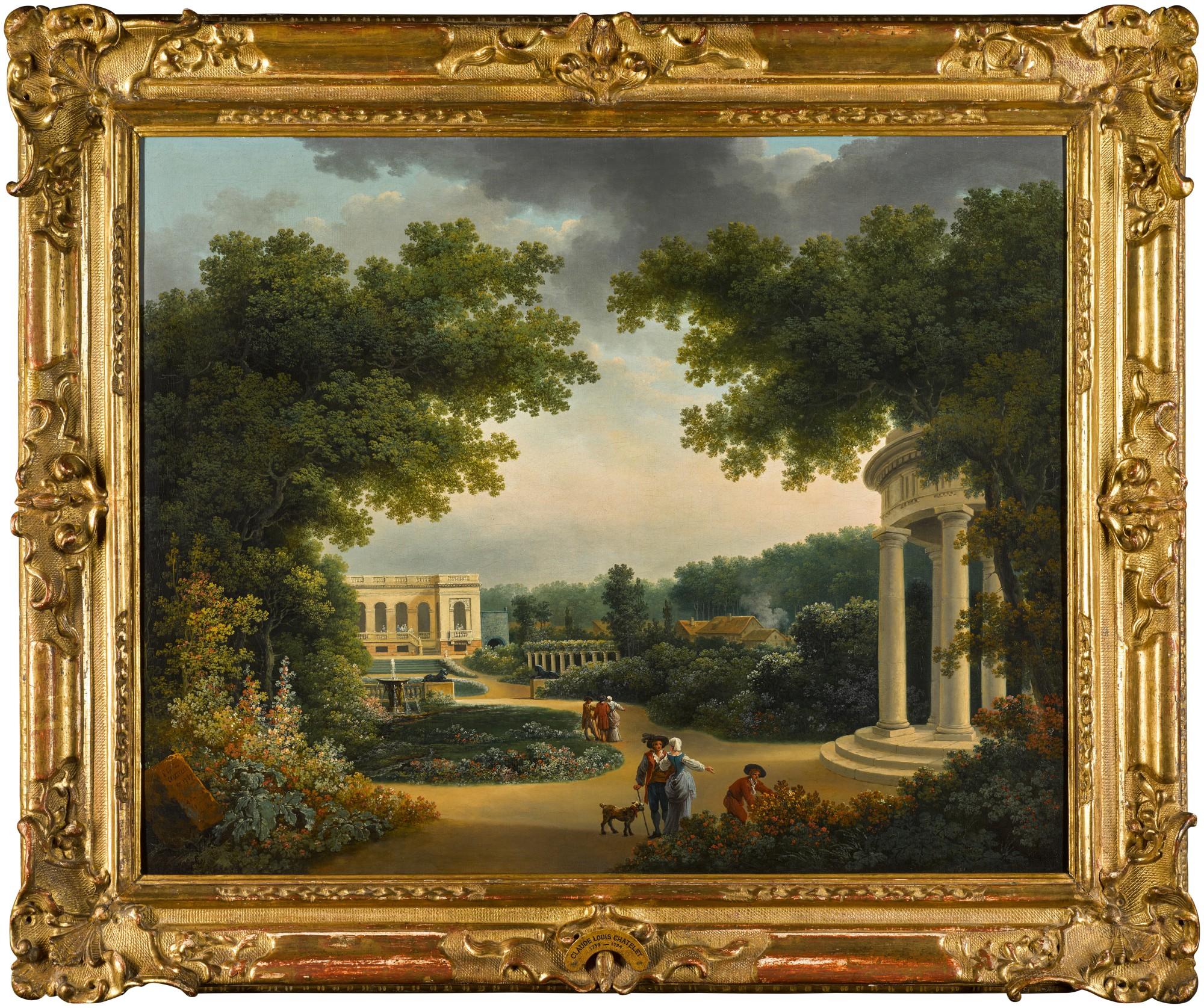 Claude-Louis Châtelet - A formal garden with figures by a rotunda, a villa beyond