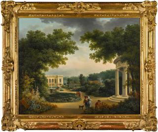 Claude-Louis Châtelet - A formal garden with figures by a rotunda, a villa beyond