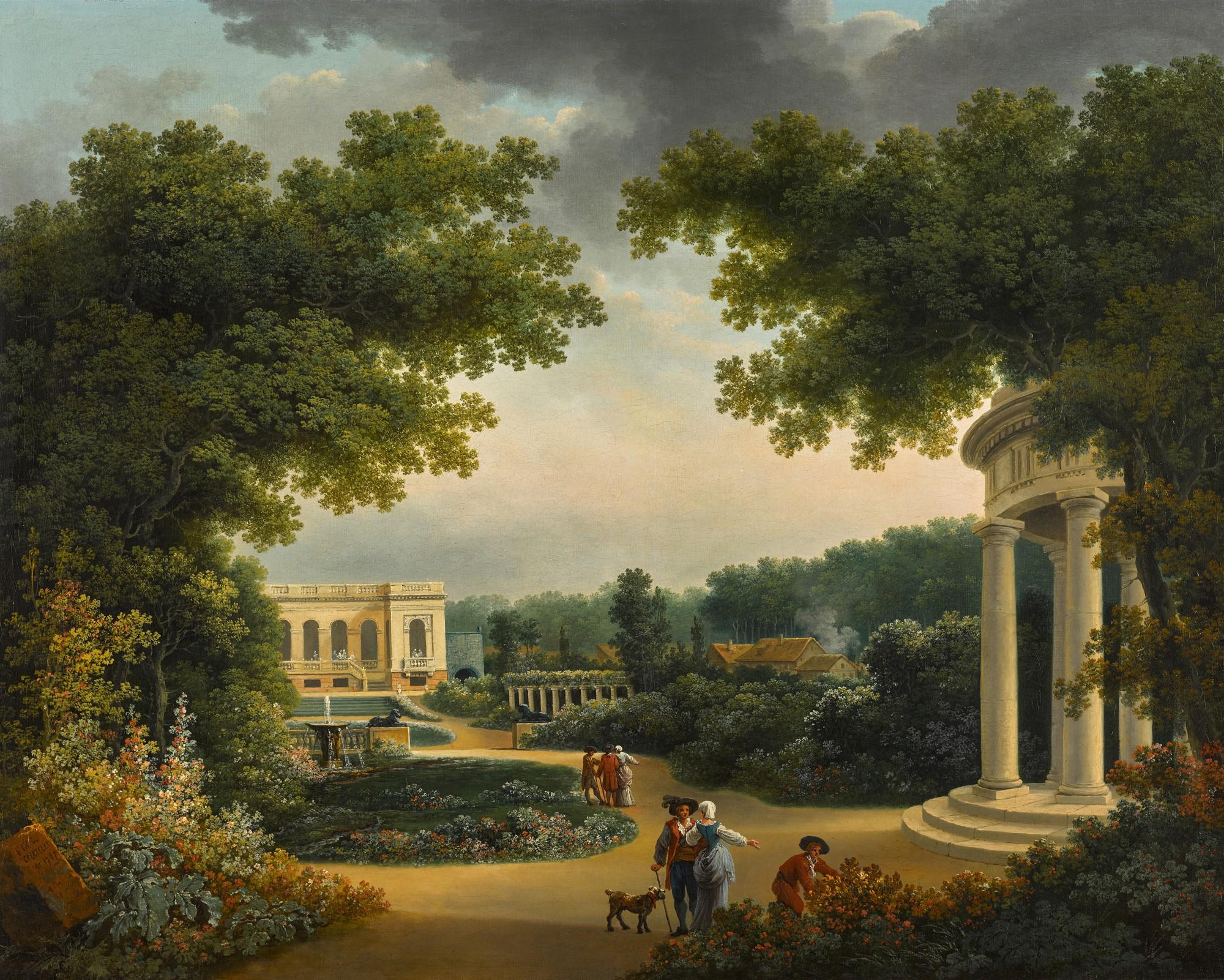 Claude-Louis Châtelet - A formal garden with figures by a rotunda, a villa beyond
