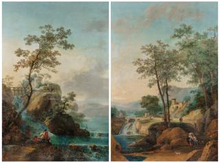 Claude-Louis Châtelet - A Landscape with an architectural capriccio of Tivoli; A Landscape with falls and a bridge