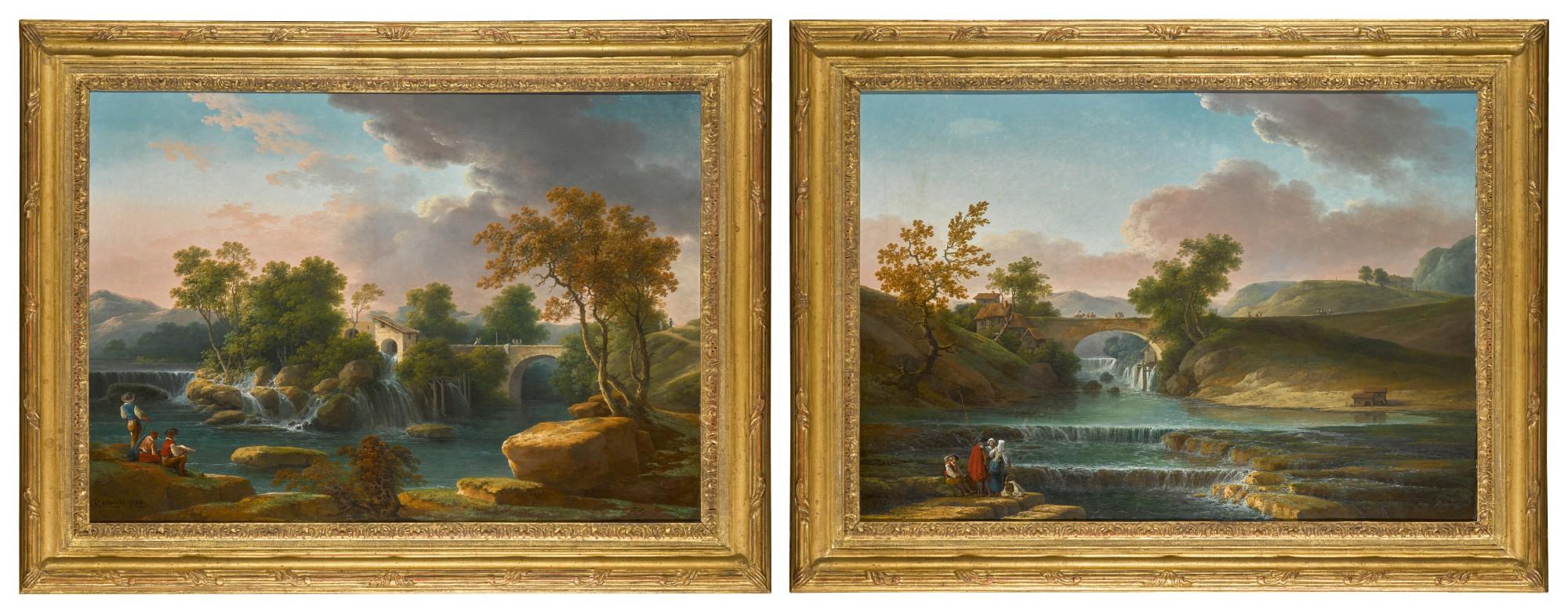 Claude-Louis Châtelet - A river landscape with an artist sketching, a bridge beyond; and A river landscape with figures and fishing tackle, a bridge beyond