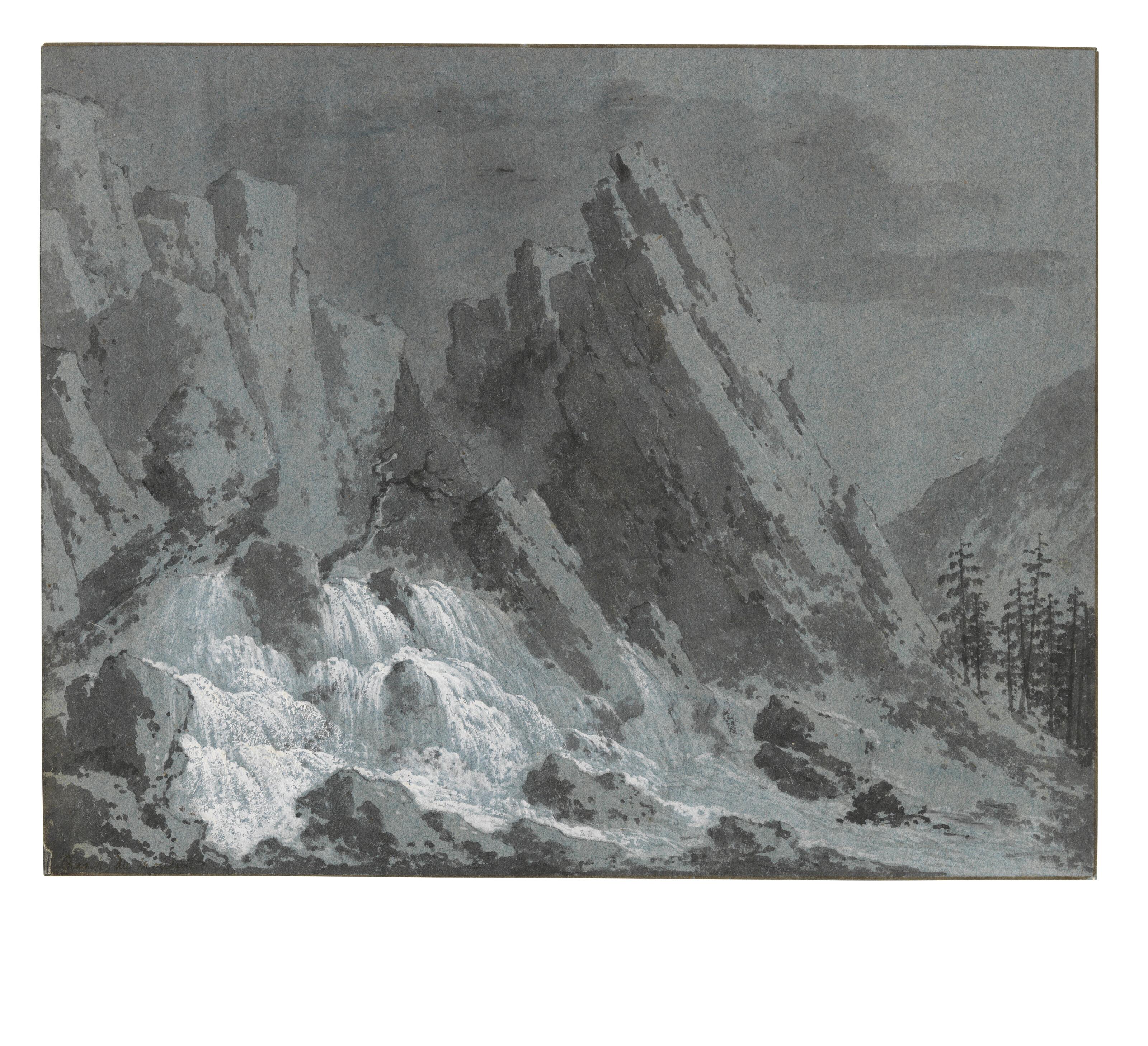Claude-Louis Châtelet - A Swiss mountain landscape with a waterfall