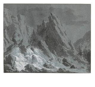 Claude-Louis Châtelet - A Swiss mountain landscape with a waterfall