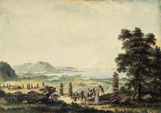 Claude-Louis Châtelet - An extensive mediterranean landscape with peasants baling hay on poles