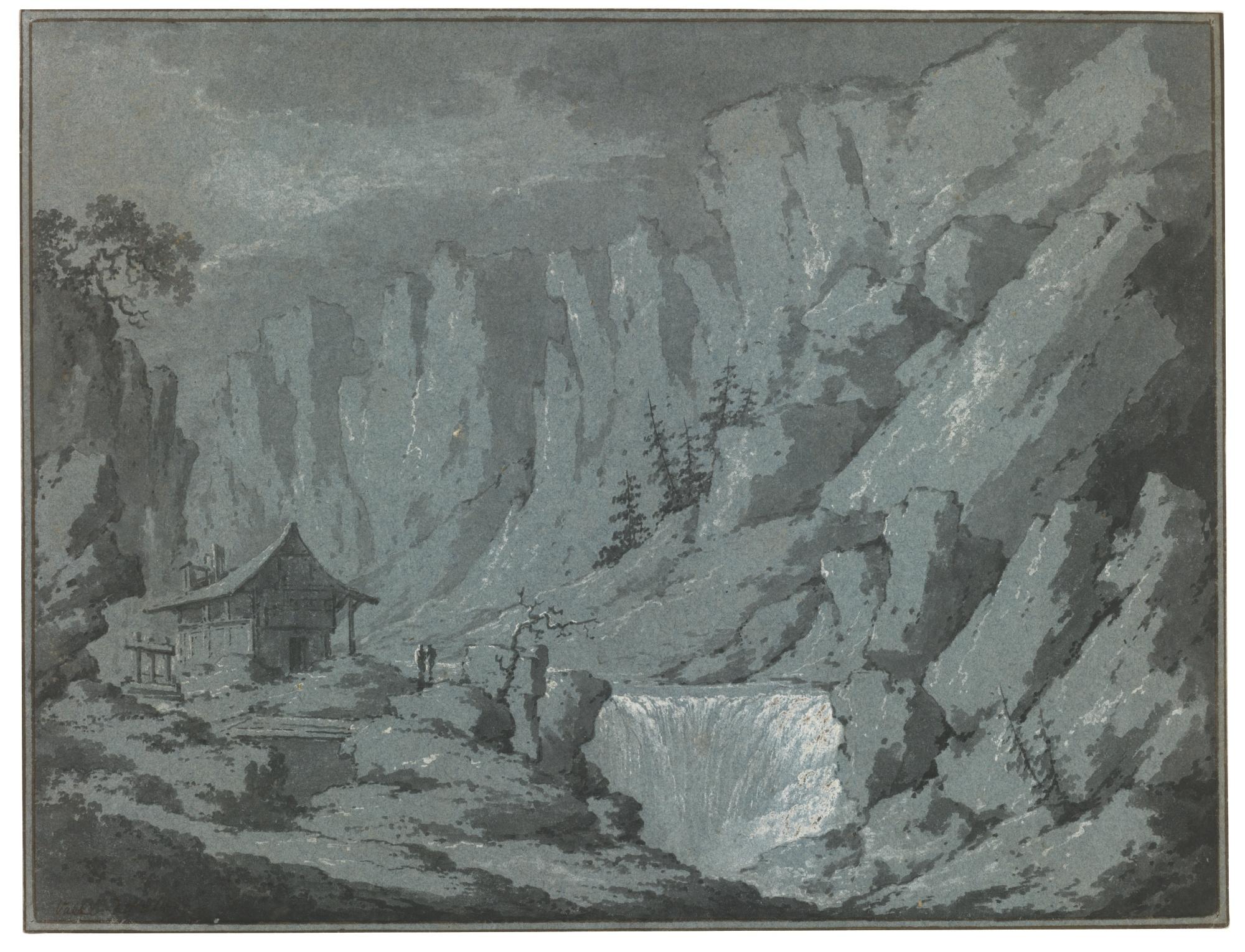 Claude-Louis Châtelet - Mountain Landscape With Waterfall