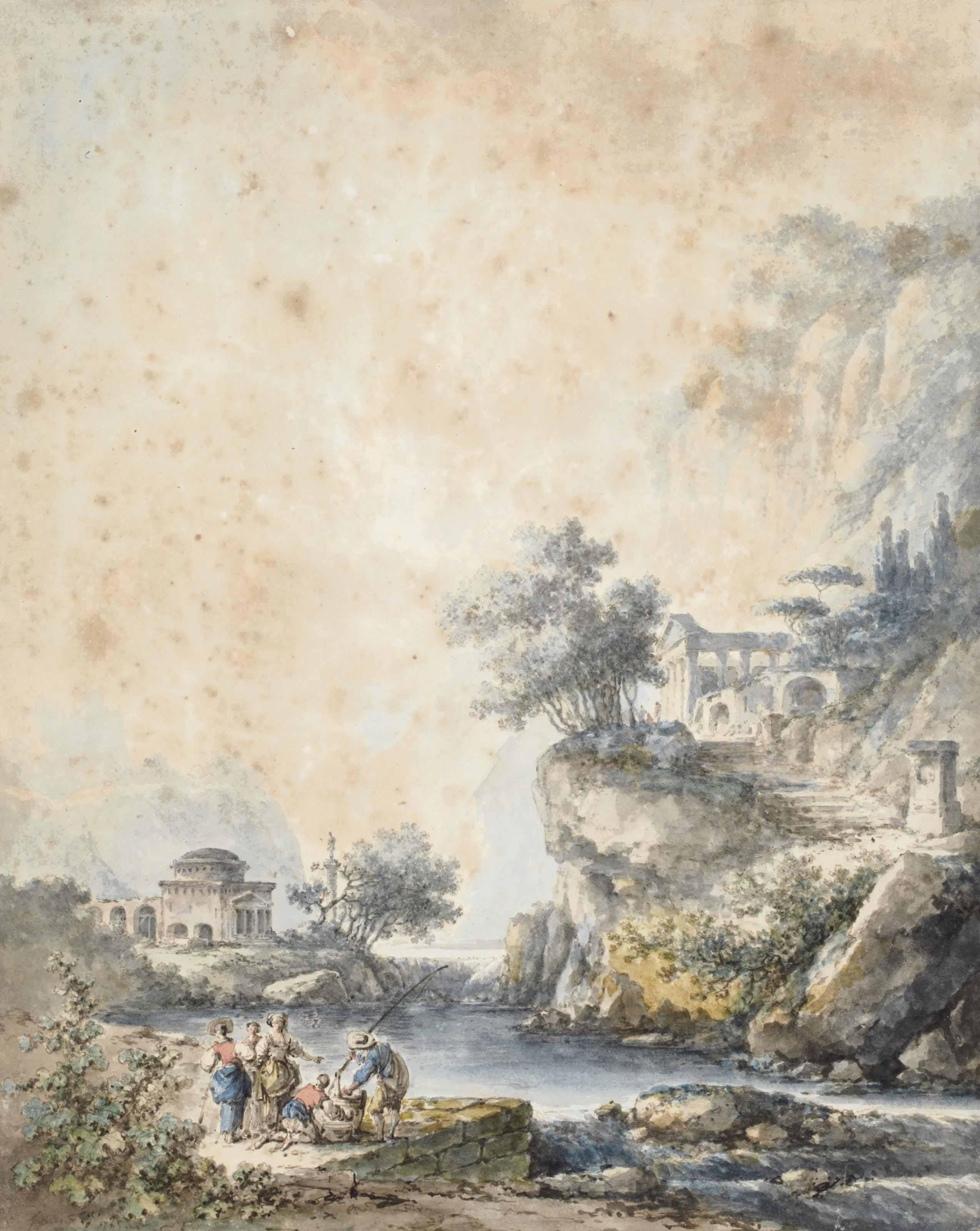 Claude-Louis Chatelet - Torrent Dans Une Vallée, Des Pêcheurs Au Premier Plan