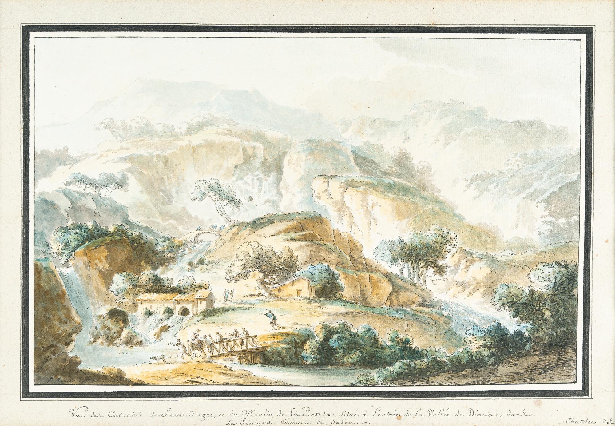Claude-Louis Châtelet - „Vue des Cascades de Fiume Negro, et du Moulin de la Pertosa, situé à l’entrée de la Vallée de Diana, dans la P.te Citérieure de Salerne.“