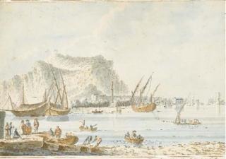 Claude-Louis Châtelet - Vue du port de Palerme, de la côte de Termini avec un aqueduc sur une colline au fond, des figures et des barques au premier plan