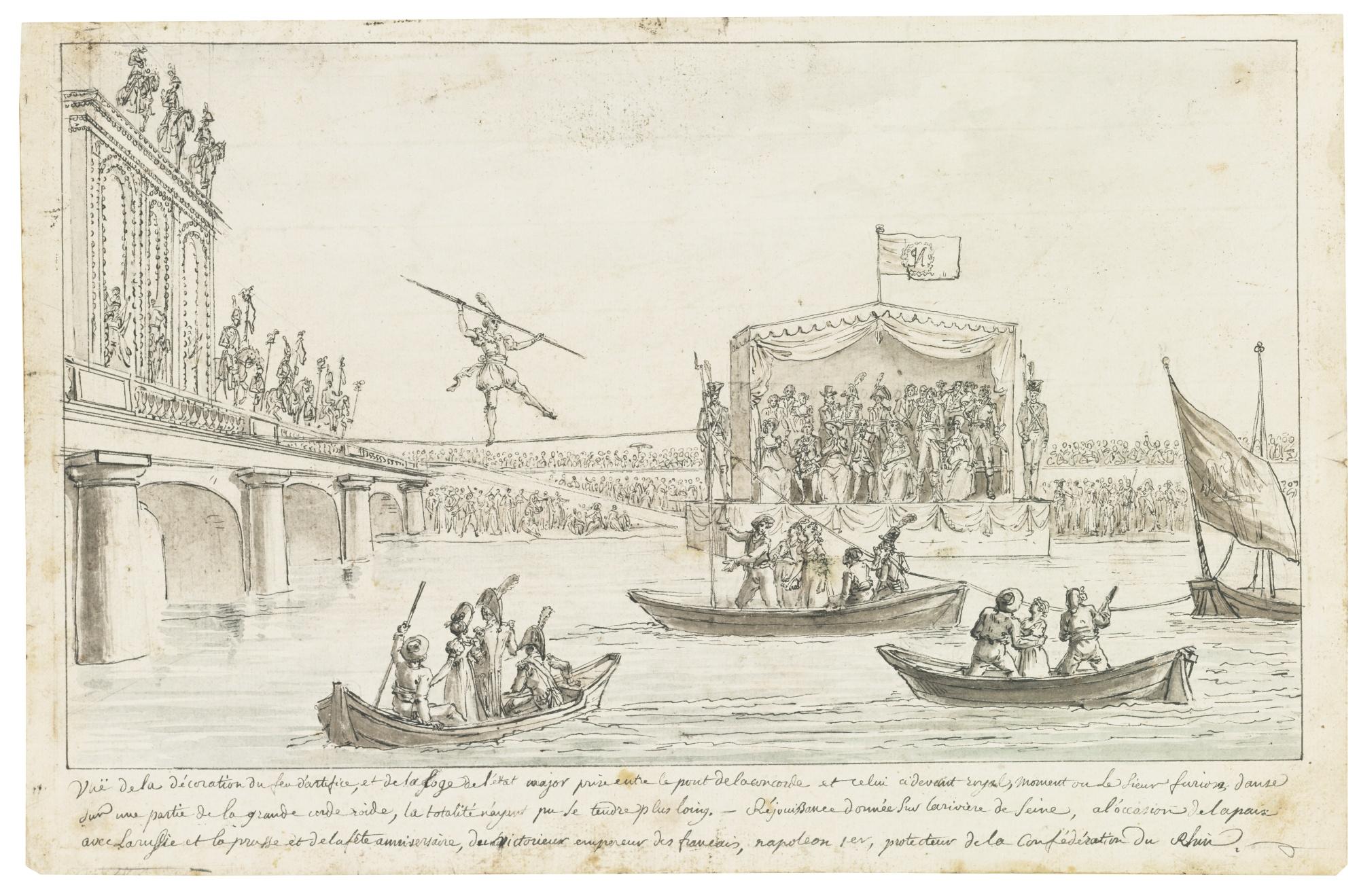 Claude-Louis Desrais - A Tightrope-Walker Crossing The Seine Near The Concorde Bridge, Watched From A Floating Grandstand By Napoleon And Other Dignitaries, On The Emperor\'S Birthday, 15 August 1807