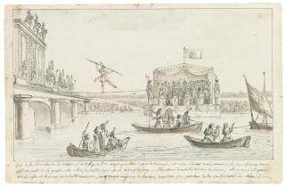 Claude-Louis Desrais - A Tightrope-Walker Crossing The Seine Near The Concorde Bridge, Watched From A Floating Grandstand By Napoleon And Other Dignitaries, On The Emperor\'S Birthday, 15 August 1807