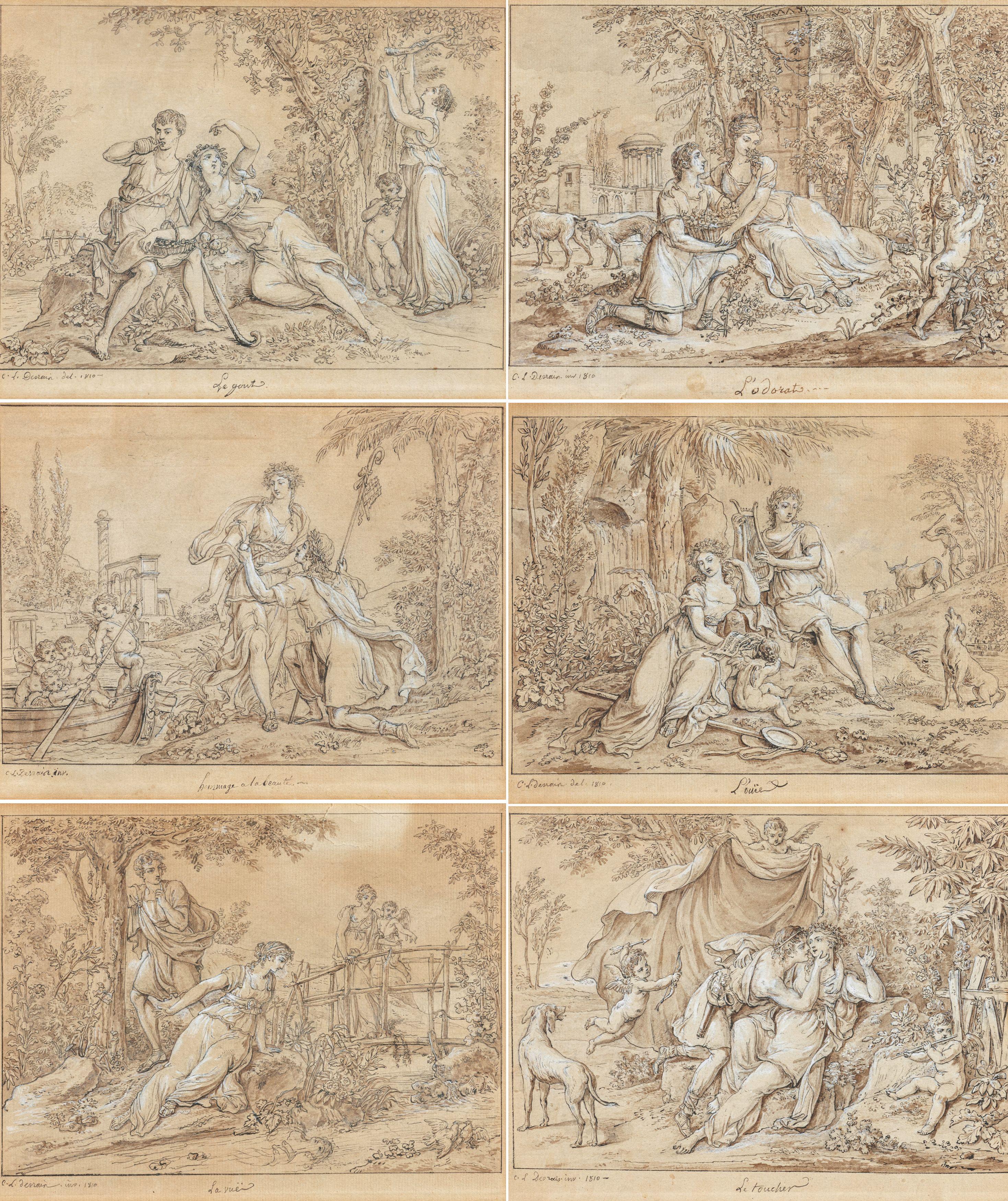 Claude-Louis Desrais - Sechs Zeichnungen: Darstellung der sechs Sinne.