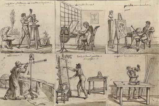 Claude-Louis Desrais - Studies of six artists and craftsmen: A sculptor in stone; An engraver; An easel painter; An astronomer; A house painter; and A carver of wood